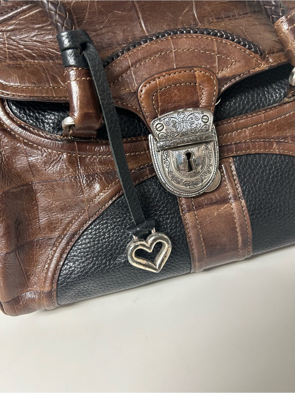 Vintage Brighton Brown & Black Croc-Embossed Leather Western Shoulder Bag - Picture 6 of 9
